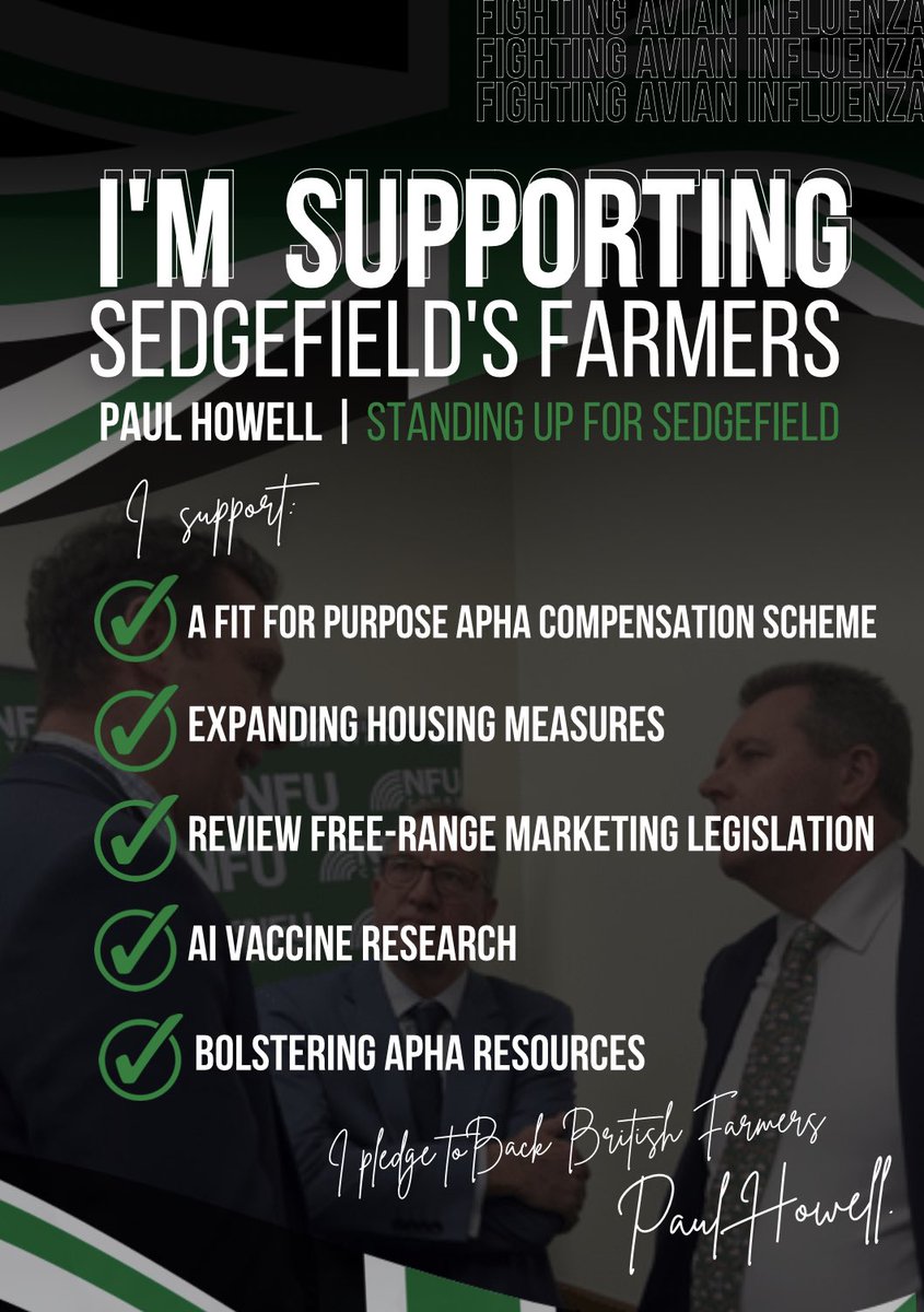 𝘼𝙑𝙄𝘼𝙉 𝙁𝙇𝙐 🦠 🐓 I support: ✅ A fit for purpose APHA compensation scheme. ✅ Expanding housing measures. ✅ Review marketing legislation. ✅ Investment in vaccine research. ✅ Bolstering APHA resources. To Sedgefield’s farmers— I am on your side.