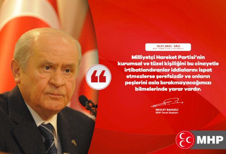 GokhanTurkesMHP's tweet photo. Milliyetçi Hareket Partisi’nin kurumsal ve tüzel kişiliğini bu cinayetle irtibatlandıranlar iddialarını ispat etmezlerse şerefsizdir ve onların peşlerini asla bırakmayacağımızı bilmelerinde yarar vardır.

MHP Genel Başkanı
Devlet BAHÇELİ https://t.co/Q1wNBYoqRm