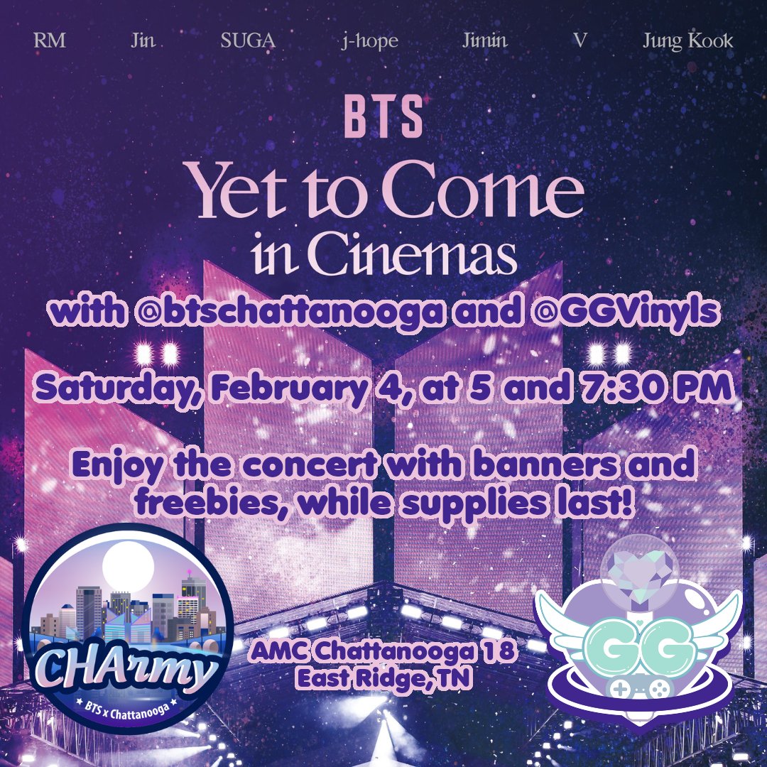 Chattanooga ARMY! Come join me and @/btschattanooga (on IG) for the Yet to Come screening at AMC Chattanooga 18! 

#bts #yettocome #army #btsincinemas #kpop #btsconcert #btsmovie #kpopconcert
