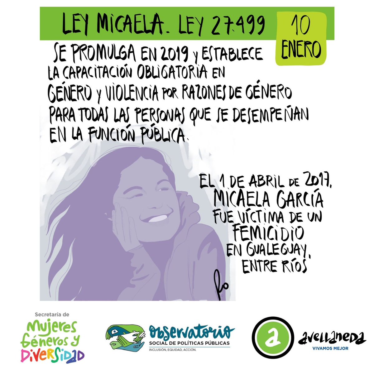 Hoy se cumplen 4 años de la promulgación de la #LeyMicaela💜

La capacitación obligatoria en género y violencias por razones de género en la administración pública es imprescindible para avanzar hacia una sociedad más justa.

Sigamos trabajando juntxs por Micaela y por todxs ✊🏻