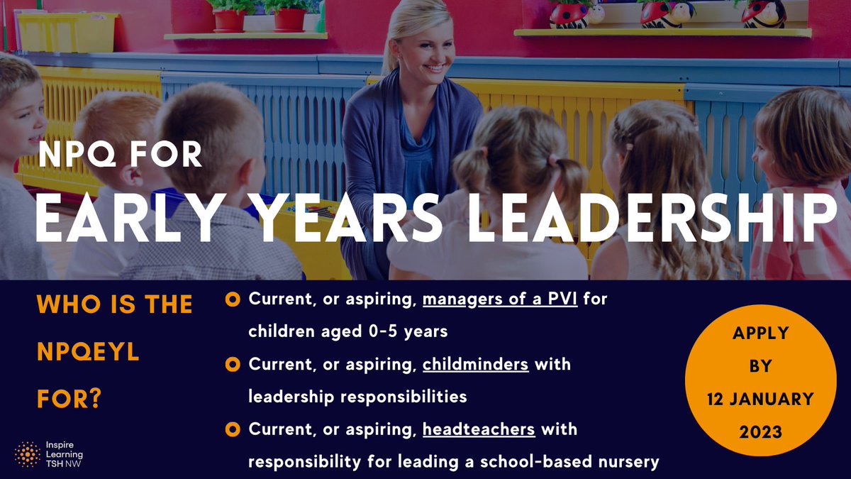 🚨 There are TWO days left to apply for an NPQ with our hub 🚨

The #NPQEYL seeks to inspire early years leaders who can harness the power of rich #learning environments for all children no matter the current circumstances ✨

Find out more: inspirelearningtsh.co.uk/wp-content/upl…

#EarlyYears
