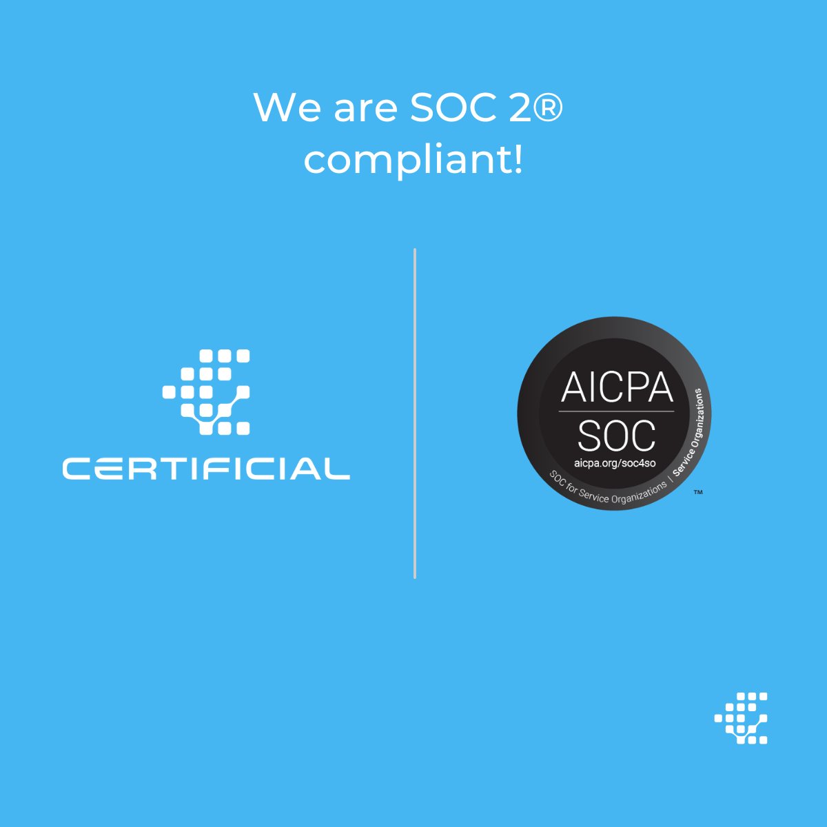 Certificial (@becertificial) on Twitter photo The safety and security of your data is a top priority which is why we are excited to announce that Certificial received our #SOC2 compliance a few months ago. A special thanks to our team for navigating the process. We are thrilled to move forward with this certification. The safety and security of your data is a top priority which is why we are excited to announce that Certificial received our #SOC2 compliance a few months ago. A special thanks to our team for navigating the process. We are thrilled to move forward with this certification.