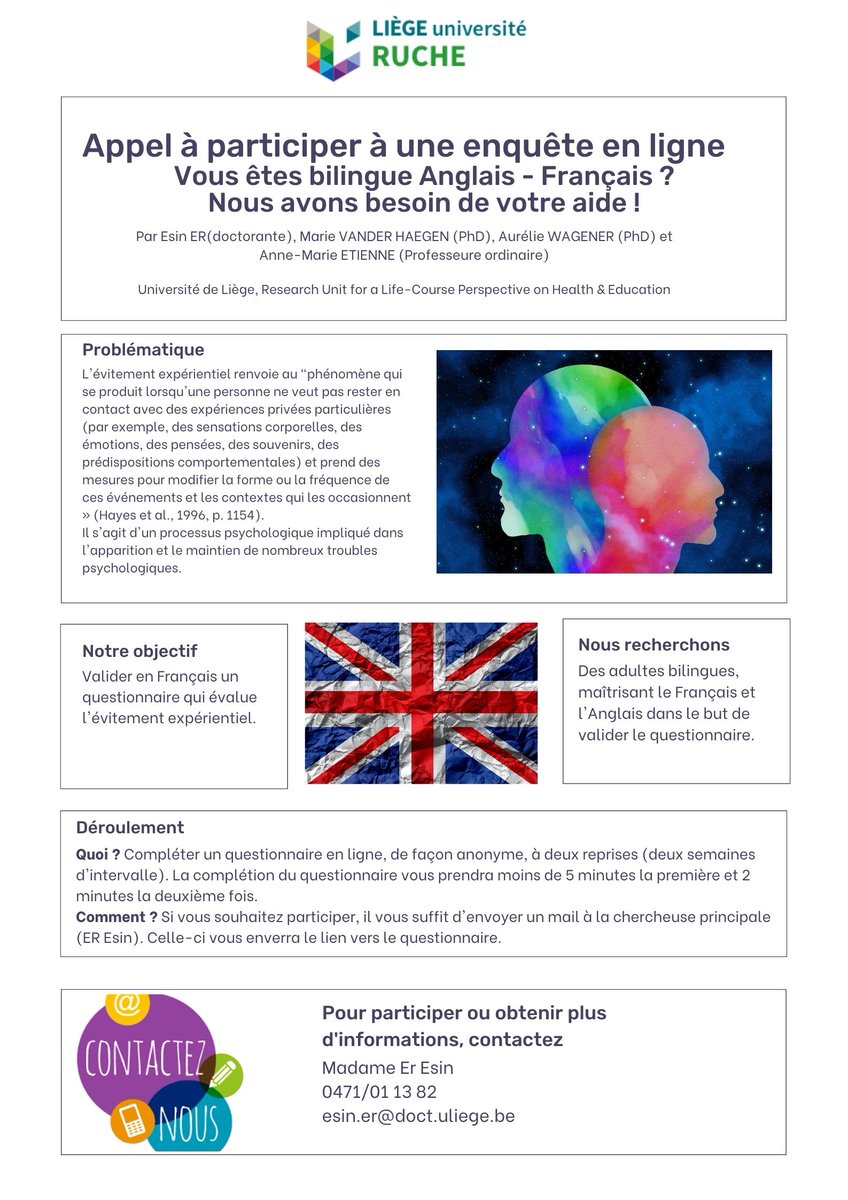ErEsin10's tweet photo. A la RUCHE ULiège, nous lançons une étude pour valider en français le "Brief Experiential Avoidance Questionnaire". Vous êtes bilingue Français-Anglais et avez 5 minutes ? Nous avons besoin de votre aide. 

Vous trouverez toutes les infos utiles sur l'affiche. Contactez-nous ! https://t.co/s85WOBYYkc