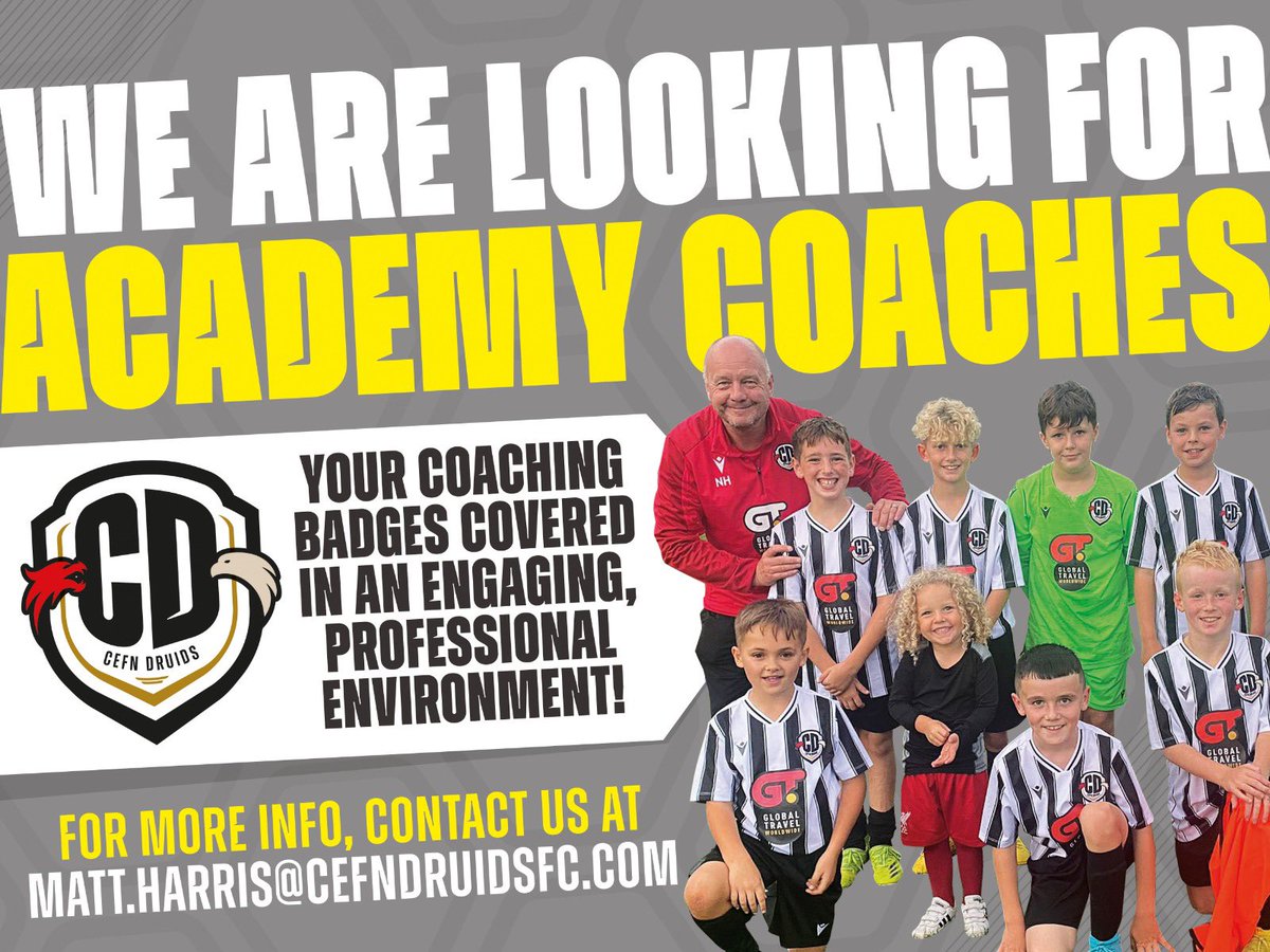 Cefn Druids FC (@cefndruids) on Twitter photo π΅ππ πΆππππππππππ! π
We are looking for coaches to join our growing academy! β½οΈ
If youβre interested, get in touch with us at: Matt.harris@cefndruidsfc.com 
More than just a football club β«οΈβͺοΈ π΅ππ πΆππππππππππ! π
We are looking for coaches to join our growing academy! β½οΈ
If youβre interested, get in touch with us at: Matt.harris@cefndruidsfc.com 
More than just a football club β«οΈβͺοΈ