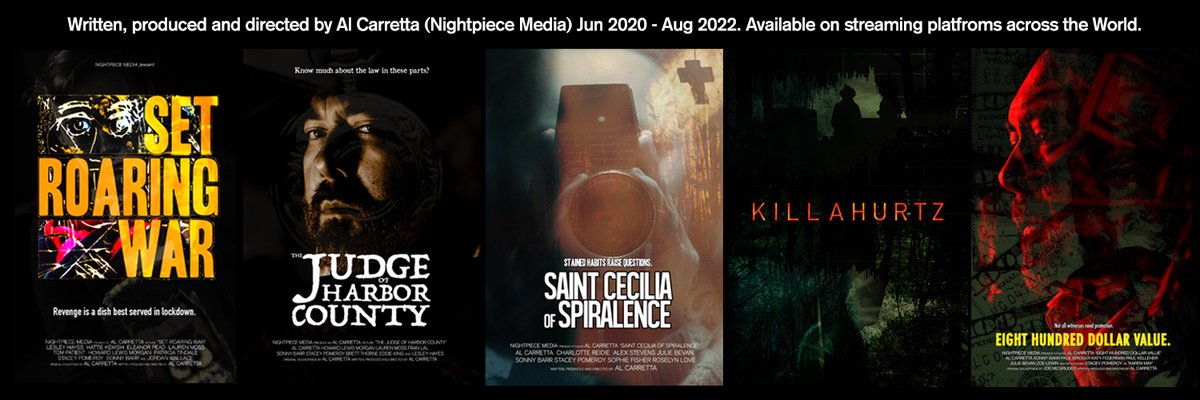 alcarretta's tweet image. In order of production from left to right, these are the 5 contrasting genre #indie feature #films I produced in UK #lockdown &amp;amp; the post-pandemic period between June 2020 to August 2022. 

#SupportIndieFilm