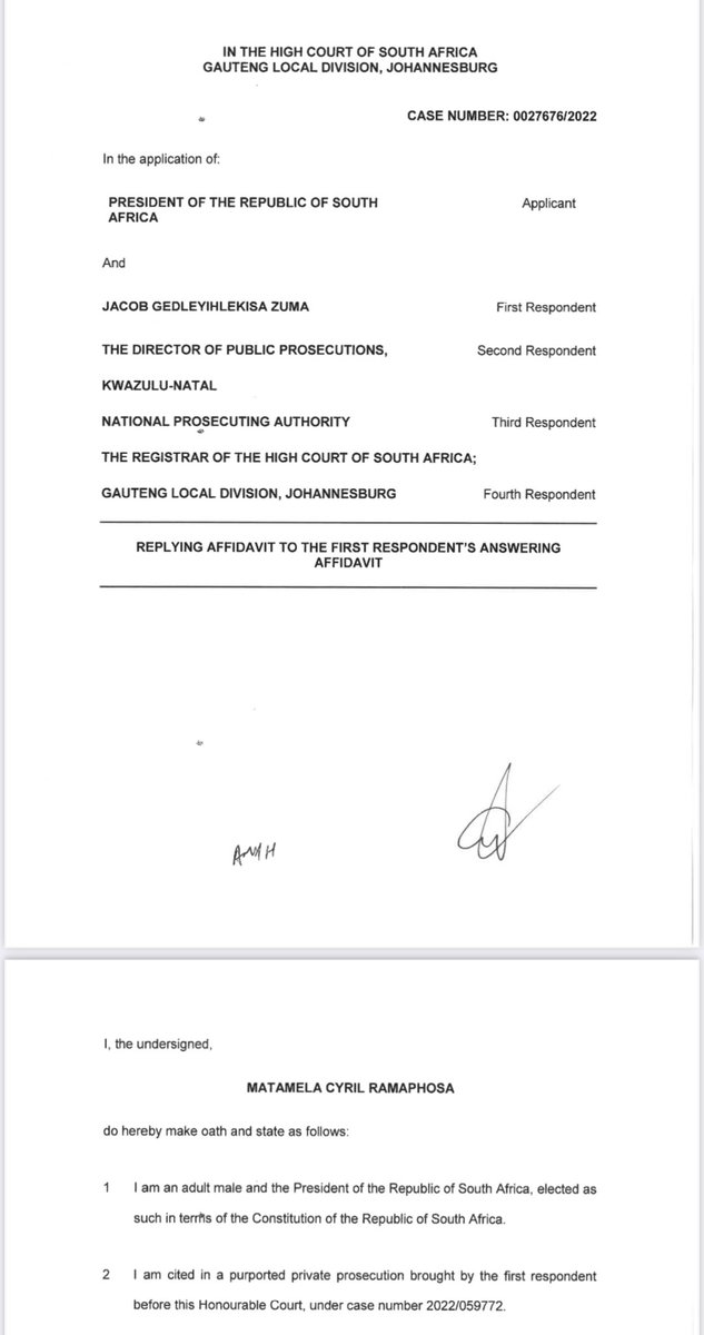 JUST IN: President Cyril Ramaphosa has filed his response to Jacob Zuma’s rubbishing of his private prosecution interdict application and challenge to the “charges” bought against him by JZ.
CR says Zuma “deliberately misconceives” the grounds on which his case is made. <a href="/News24/">News24 🇿🇦</a>