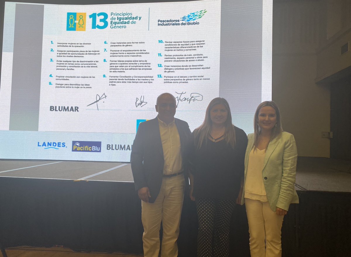 TrabajoBiobio's tweet photo. ✅ Seremi Sandra Quintana, junto a @seremieconomia8, Javier Sepúlveda, participa en firma de 13 principios de #Igualdad y #EquidadDeGénero por empresas socias de Pescadores Industriales del #Biobío, @PesqueraLandes, @pacific_blu, @blumar_seafoods, @camanchaca_cl y #FoodCorp. https://t.co/p47mL1MgnD