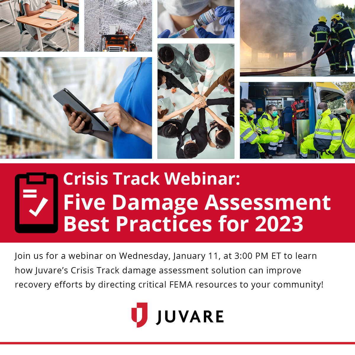 juvarecorp's tweet photo. Hundreds of jurisdictions rely on @juvarecorp’s Crisis Track damage assessment solution to identify disaster costs. Join our webinar on Wednesday, January 11, at 3:00 PM ET to learn how Crisis Track can help your community! Register here: https://t.co/ZlPqFTuNdD https://t.co/lSzzeD7te7