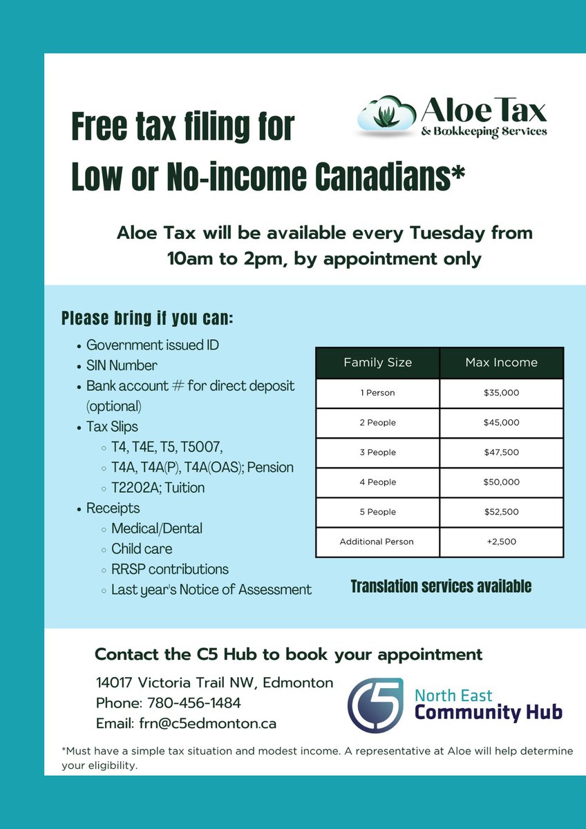 Come down to the C5 Hub every Tuesday from 10AM to 2PM for free tax filing for low or no-income Canadians. This is provided by Aloe Tax and by appointment only! #freetaxfiling #taxes #taxhelp #lowincome #yeg #edmonton #fyp