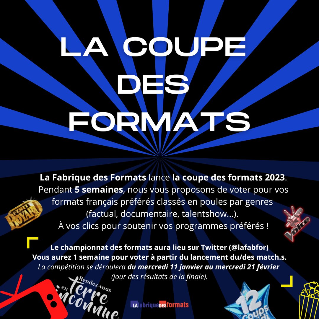 laFabFor's tweet photo. [COUPE DES FORMATS] @laFabFor vous propose de participer à sa #CoupeDesFormats🏆!
Dès demain et jusqu'au 02 février ⏱️, votez pour votre #format préféré au sein de chaque #poule (#genres). La #compétition sera lancée demain dès 10h ! À vos claviers ! 📱 https://t.co/pvCaHyWmFF