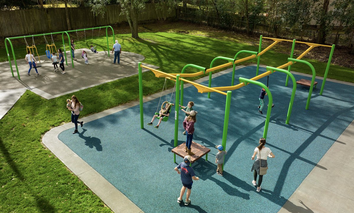 CunninghamRec's tweet photo. The town of Summerville, SC has been enjoying Saul Alexander park's amenities for almost a year now. The best thing about this playground is that it is inclusive and designed to be enjoyed by children of all abilities! #playgrounds #inclusionmatters #inclusiveplaygrounddesign https://t.co/opxysFAB3m