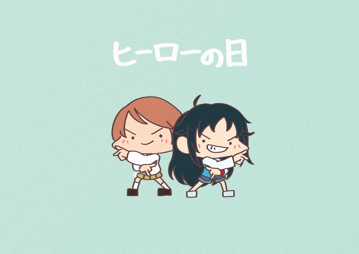 2girls black hair brown hair chibi grin long hair multiple girls  illustration images