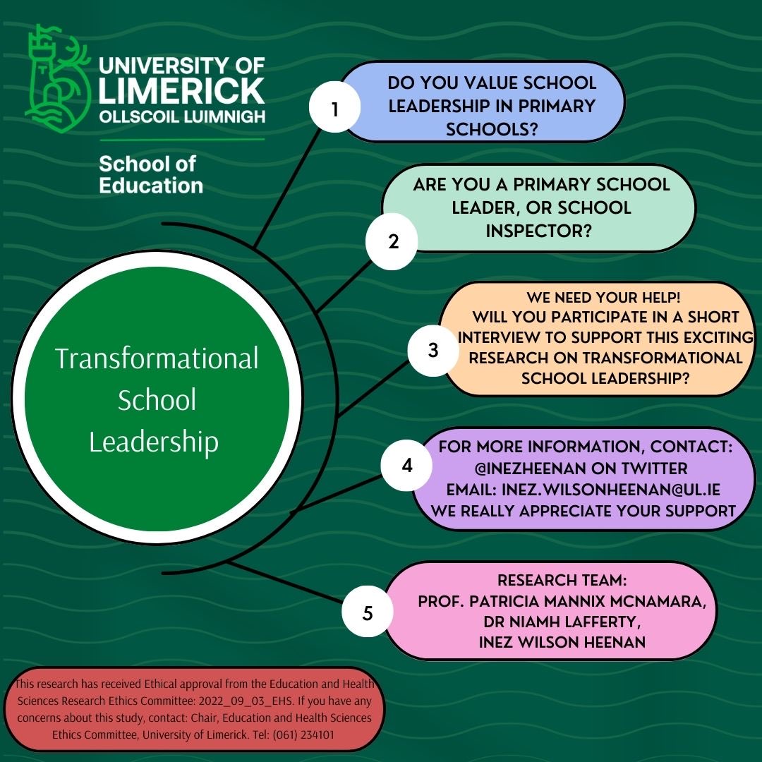 Would love to hear from primary school leaders &amp; inspectors to assist our research on Transformational School Leadership #leadership #education @patriciamannixm <a href="/lafferty_niamh/">Niamh M Lafferty</a>  <a href="/niamhickey/">Dr. Niamh Hickey</a> <a href="/Leaders_SoE/">UL_ELLA</a> <a href="/network_will/">WILL Network</a> <a href="/lisanicd/">Lisa NicDhoinnléibhe</a> @pdst <a href="/cslireland/">Centre for School Leadership 🇮🇪🇪🇺</a> <a href="/ippn/">👷‍♂️ارخميدس الشرقيه 🇸🇦</a> <a href="/UL_Research/">UL Research</a> <a href="/MICLimerick/">Mary Immaculate College (MIC)</a>