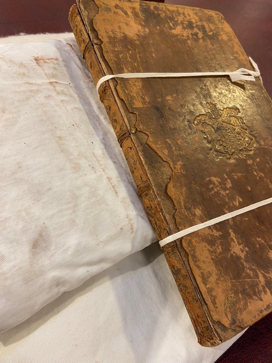 Our book support pillows need dusting! Leather bound volumes can deteriorate and crumble over time into an orange or reddish-brown powder known as red rot. A special oil can help treat the condition or by using protective covers. 📕 
#EYADustBusters
#ExploreYourArchive #EYADay