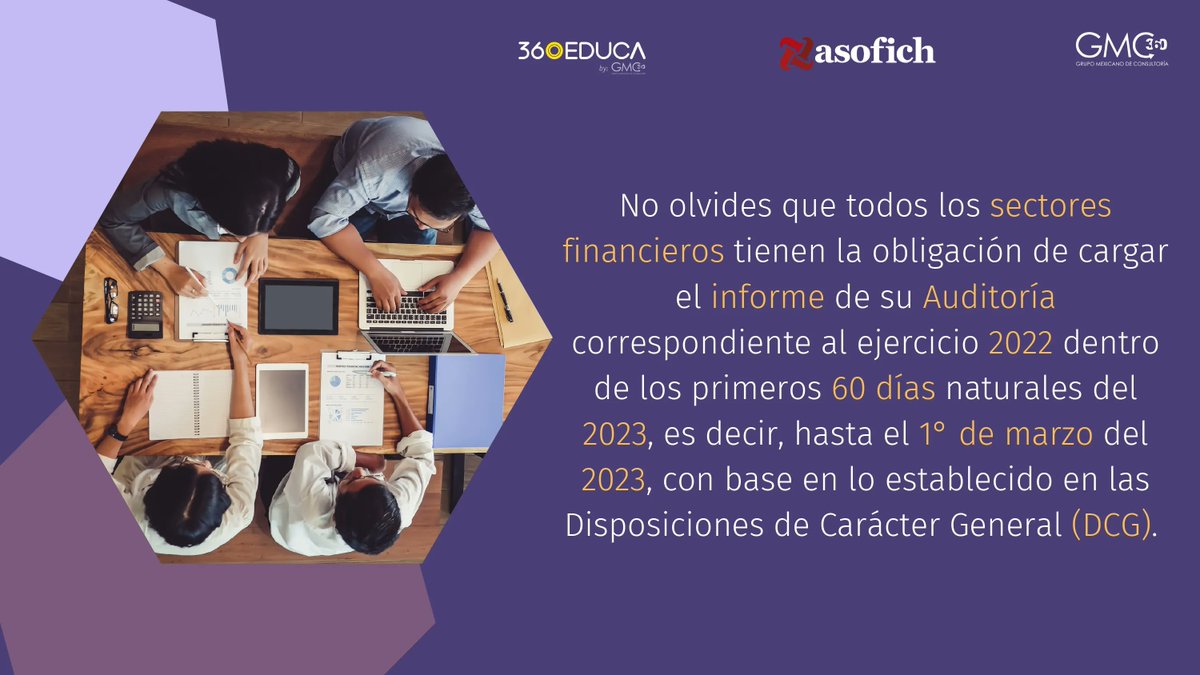 AsofichOficial's tweet photo. 📌 No olvides que todos los sectores financieros tienen la obligación de cargar el informe de su Auditoría correspondiente al ejercicio 2022 dentro de los primeros 60 días naturales del 2023 , según lo establecido en las Disposiciones de Carácter General.📄
#asofich #gmc360 https://t.co/i5nYUJE6Q1