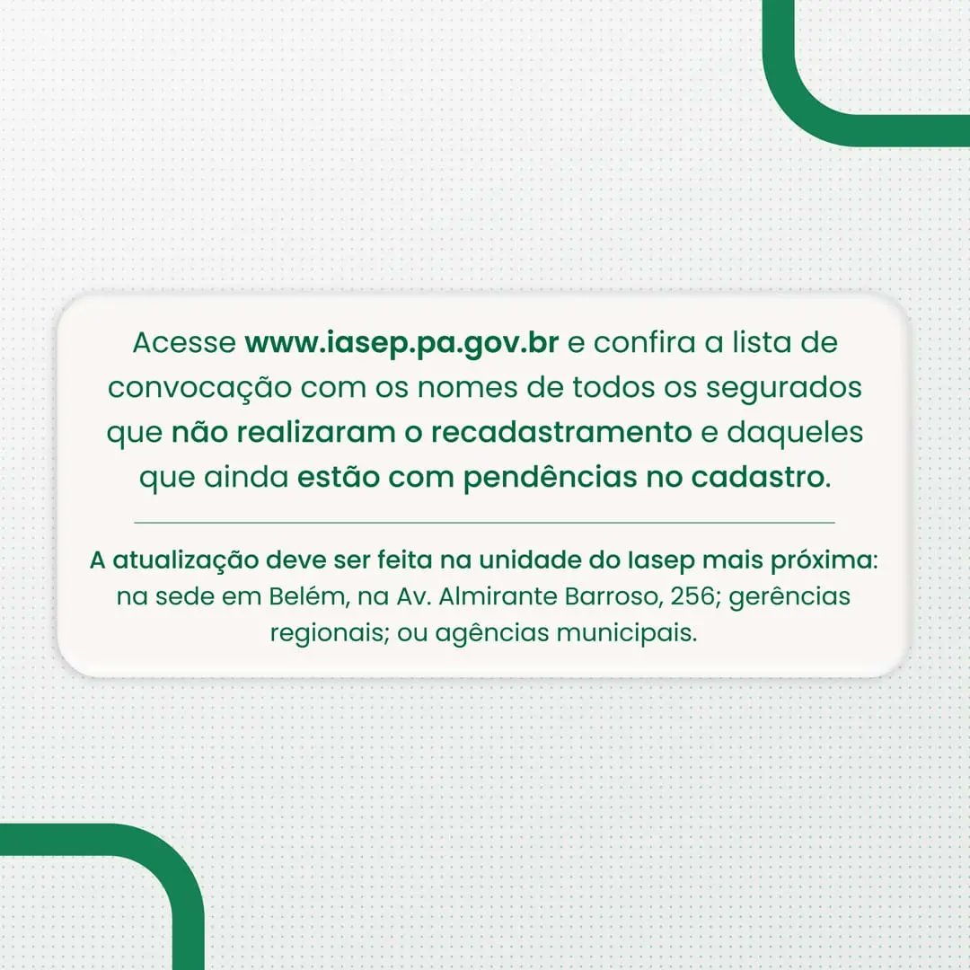 Iasep_PA's tweet photo. Atenção, segurado!
Essa é a última chamada para realizar o recadastramento do Iasep. 

O novo prazo foi estendido até 10 de fevereiro.

Arrasta para o lado e saiba mais. https://t.co/9AlSFIs45S