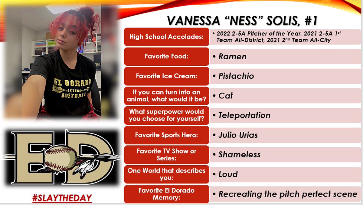 Adrian Telas (@a_telas) on Twitter photo 4⃣days away till ☝️day of practice!
Today, we showcase 👩🎓Vanessa Solis. We can't wait to see Vanessa showcase her skills in the circle one last time at THE EMPIRE!
<a href="/EDAztecs_HS/">Venessa Betancourt</a>
<a href="/SocorroISD/">Socorro ISD</a>
<a href="/915FASTPITCH/">El Paso Fastpitch Softball Community</a>
#TeamSISD
#AztecEmpire
#SLAYTHEDAY 4⃣days away till ☝️day of practice!
Today, we showcase 👩🎓Vanessa Solis. We can't wait to see Vanessa showcase her skills in the circle one last time at THE EMPIRE!
<a href="/EDAztecs_HS/">Venessa Betancourt</a>
<a href="/SocorroISD/">Socorro ISD</a>
<a href="/915FASTPITCH/">El Paso Fastpitch Softball Community</a>
#TeamSISD
#AztecEmpire
#SLAYTHEDAY