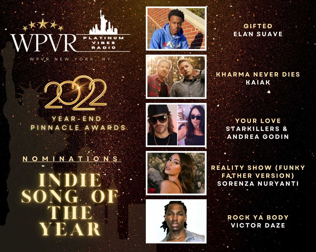 🏆🤩 WPVR 2022 Year-End PINNACLE AWARDS Nominees for INDIE SONG OF THE YEAR:

ELAN SUAVE
KAIAK
SORENZA NURYANTI
STARKILLERS & ANDREA GODIN
VICTOR DAZE

@TheOfficialEla2 @bbpllcmusic @SorenzaNuryanti @Starkillers @andreagodin #wpvr #pinnacleawards #indie #indielabels