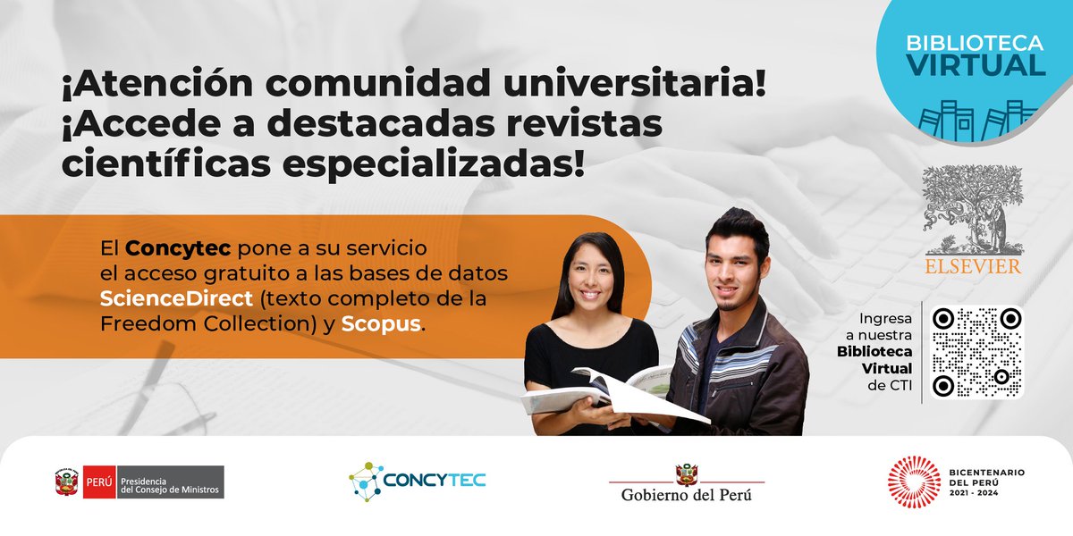 ConcytecPeru's tweet image. 👨‍🏫 ¡Atención comunidad universitaria! 📚 El @ConcytecPeru pone a su disposición el acceso gratuito a las bases de datos #ScienceDirect y #Scopus 

💻 Ingresa a nuestra Biblioteca Virtual de #CTI biblioteca.concytec.gob.pe