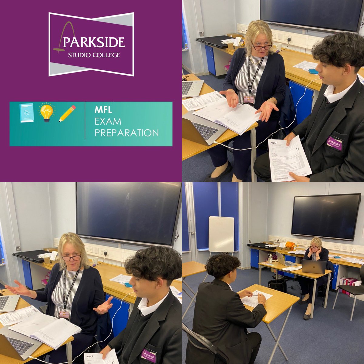 Parkside_Studio's tweet image. Parkside are preparing for the 2023 Modern Foreign Language examinations. Past paper scrutiny along with practice speaking and listening components.  A huge thank you to Mrs Massey for spending the day with us. Mrs Massey ensured that our students are fully prepared!