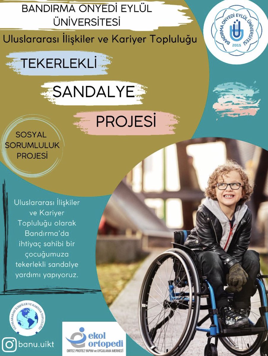 Uluslararası İlişkiler ve Kariyer Topluluğu olarak ilk *sosyal sorumluluk* projemizi hayata geçiriyoruz💫🥳
Bandırma'da yaşayan küçük bir kardeşimize tüm topluluk adına tekerlekli sandalye yardımı yapıyoruz🙏🏻