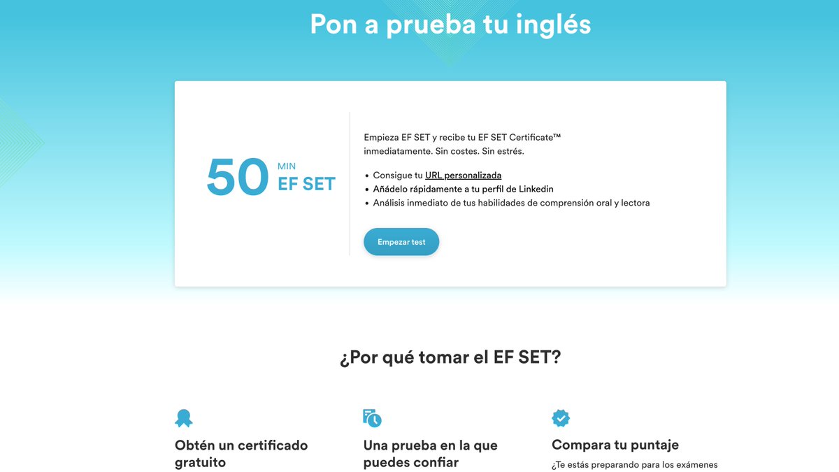 midudev's tweet image. ¡CERTIFICADO de INGLÉS GRATIS y CONFIABLE!

EF Set es el primer examen de inglés estandarizado y GRATUITO del mundo.

Son 50 minutos de comprensión oral y lectora:
↳ efset.org/es/ef-set-50/

Hay universidades y empresas que ya lo están aceptando para validar tu nivel.