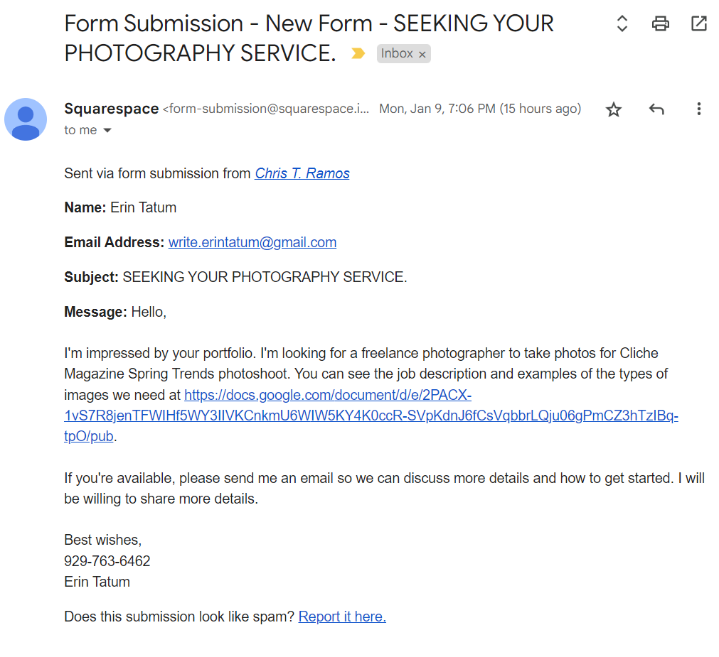Chris_T_Ramos's tweet photo. Beware the scam photography email is making the rounds again.
#photography #ClicheMagazine #Scam https://t.co/URQDSHOzrt