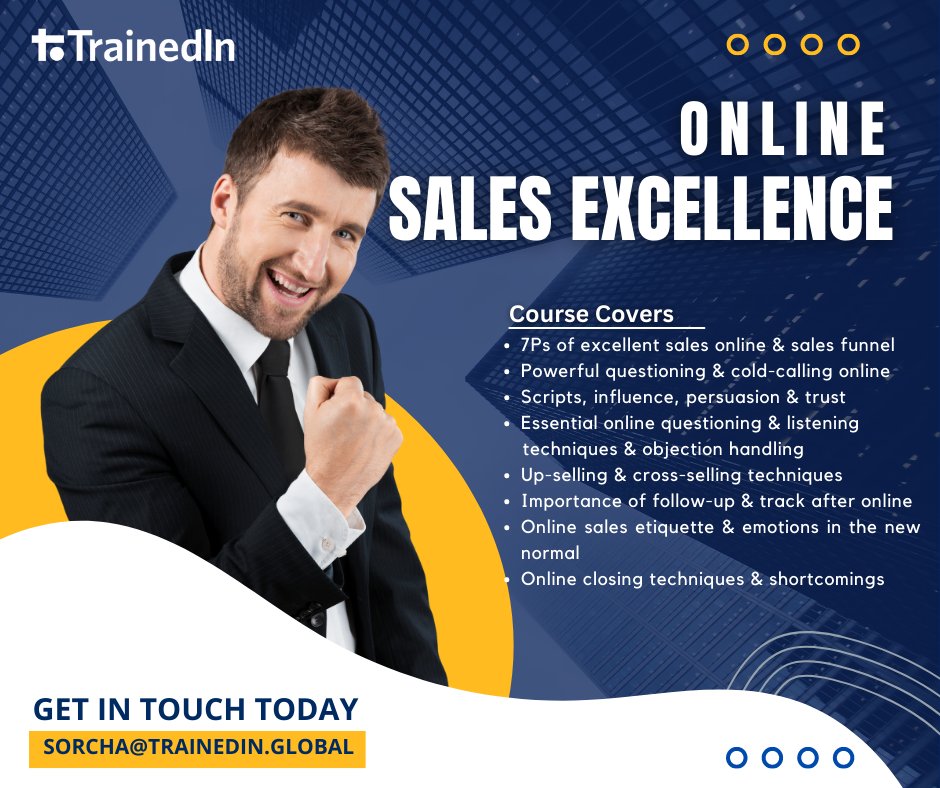TrainedInGlobal's tweet photo. Online Sales Excellence course; If you want to run this course for your team, get in touch with us today sorcha@trainedin.global
#Negotiation #Training #Sales #Business ##negotiationskills #TrainedIn #sales #customerrelations #productivity #gettingthingsdone #businessintelligence https://t.co/W7EqbSXPjZ