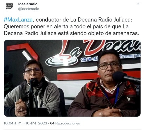 Radio La Decana de Juliaca, ha sido una de las emisoras que ha reportado todo lo sucedido en la masacre de Puno. Ahora reciben amenazas. Entiéndase, este es un gobierno fascista y autoritario. 

Días sombríos están por venir... 
#DinaRenunciaYa
