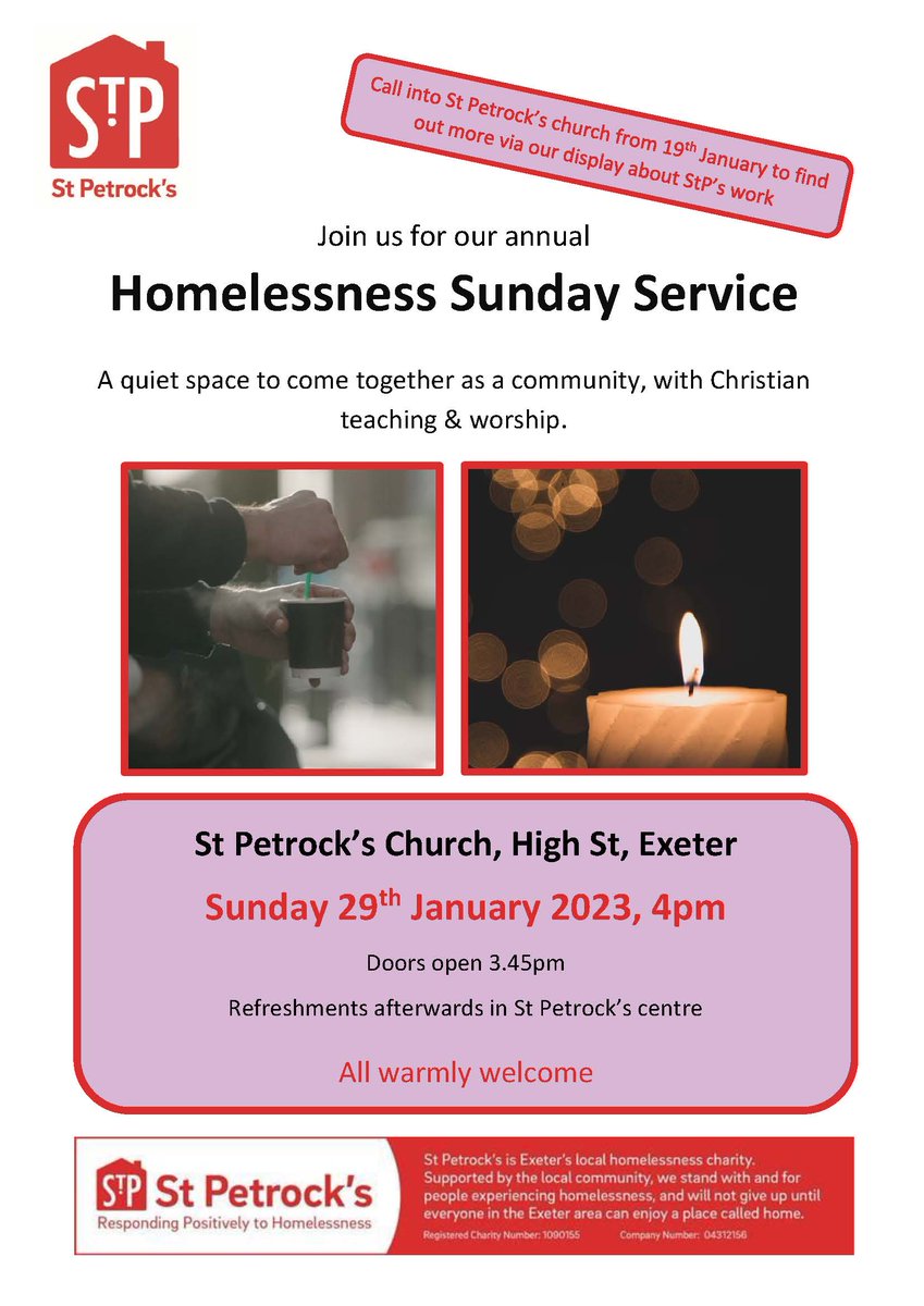 StPetrocks's tweet photo. Our annual Homelessness Sunday service in StP's church is a reflective space for supporters to come together as a community - all warmly welcome.
#homelessness #Exeter https://t.co/3hXWCRns4D