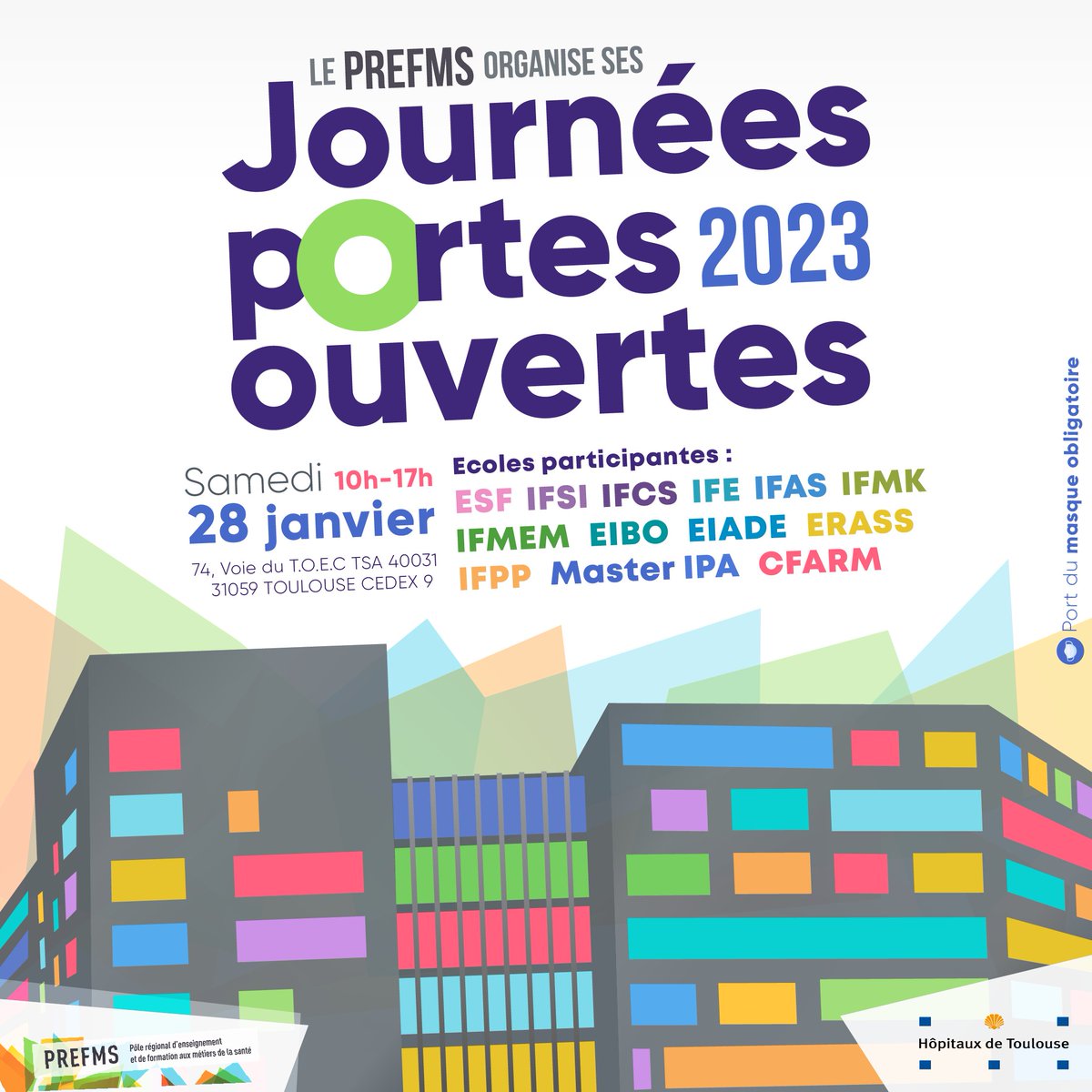 CHUdeToulouse's tweet photo. Intéressés par les métiers de la santé ? Le PREFMS ouvre ses portes le 28 janvier 2023 le 10h à 17h !🎓

Retrouvez toutes les formations concernées et les informations sur le lien ci-dessous 👇
https://t.co/CzUJ2X8pnh

#Portesouvertes #PREFMS #Formation #Santé https://t.co/sbhFUGWU8o