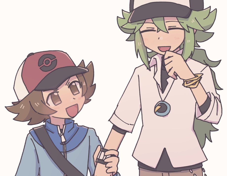 hilbert (pokemon) ,n (pokemon) hat multiple boys 2boys male focus brown hair baseball cap jacket  illustration images