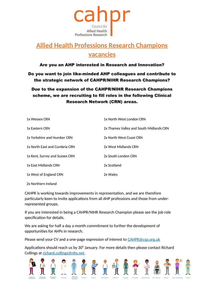 OfficialCAHPR (@officialcahpr) on Twitter photo We are recruiting more CAHPR/<a href="/NIHRresearch/">National Institute for Health and Care Research</a> Champions!
Are you an AHP interested in Research and Innovation?
We are recruiting to fill roles in several Clinical Research Network (CRN) areas.
Role description: bit.ly/3Xlmc8R We are recruiting more CAHPR/<a href="/NIHRresearch/">National Institute for Health and Care Research</a> Champions!
Are you an AHP interested in Research and Innovation?
We are recruiting to fill roles in several Clinical Research Network (CRN) areas.
Role description: bit.ly/3Xlmc8R