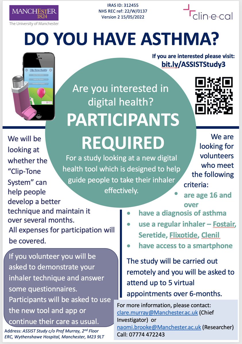 Clin-e-cal (@clinecal) on Twitter photo Do you have #Asthma?
The University of Manchester
<a href="/UoMNews/">The University of Manchester News</a> are looking for participants for a new study using Clin-e-cal's digital health tools. See👇poster or website for details. bit.ly/ASSISTStudy3 #RespiratoryResearch #InhalerTechniqueMatters #DigitalHealth Do you have #Asthma?
The University of Manchester
<a href="/UoMNews/">The University of Manchester News</a> are looking for participants for a new study using Clin-e-cal's digital health tools. See👇poster or website for details. bit.ly/ASSISTStudy3 #RespiratoryResearch #InhalerTechniqueMatters #DigitalHealth