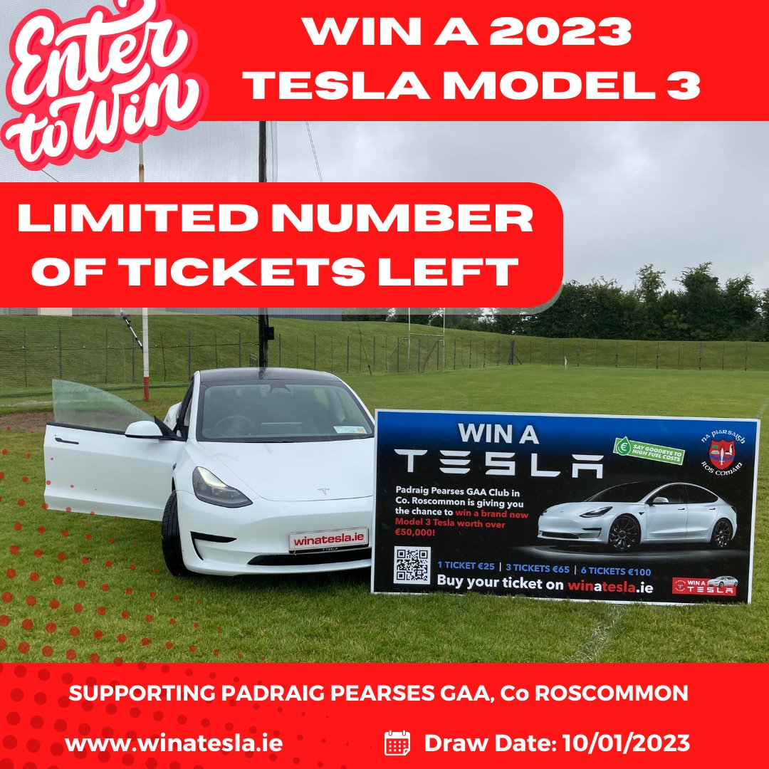 🎫 LIMITED TICKETS LEFT 🎫

Haven't got a ticket for our <a href="/propearses/">Pádraig Pearses GAA</a> #WinATesla yet? 🎫 Ticket sales end at 7:30pm and there is a limited amount of tickets remaining ➡ winatesla.ie

Tune in to watch the live stream of the draw at 9pm here: facebook.com/padraigpearses… 🚗