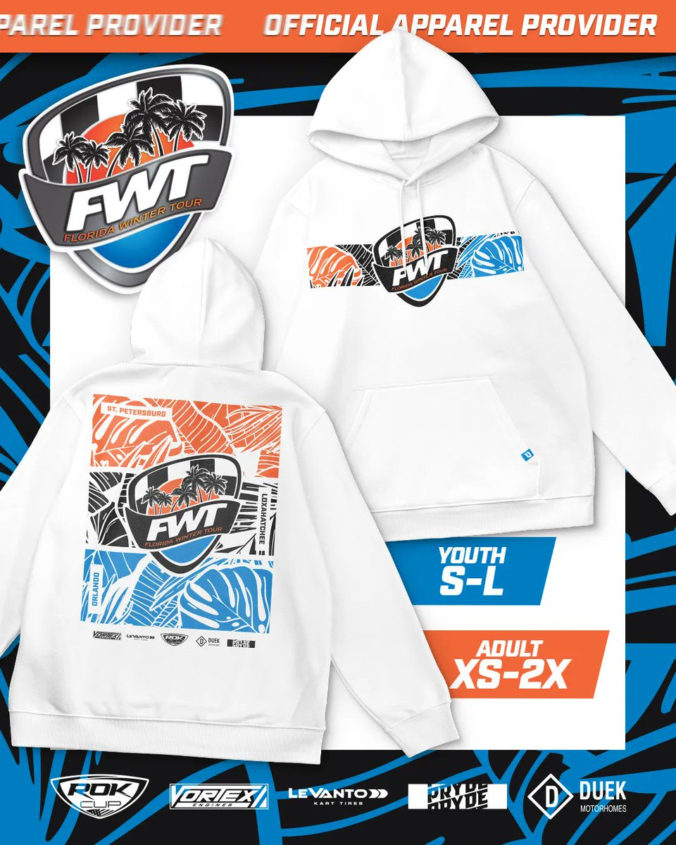 ROKCupUSA's tweet photo. Official apparel provider, PRYDE ( @getpryde) is offering a preorder special for Florida Winter Tour hoodies and tees.

Preorder special ends January 13th! Order at https://t.co/xS9xjfexGX. 

#LetsRok #FWT2023 #25thAnnualFWT #FWT #Florida #Karting #Vortex #RokCup #LeVanto #Pryde https://t.co/2KqddKUQT0