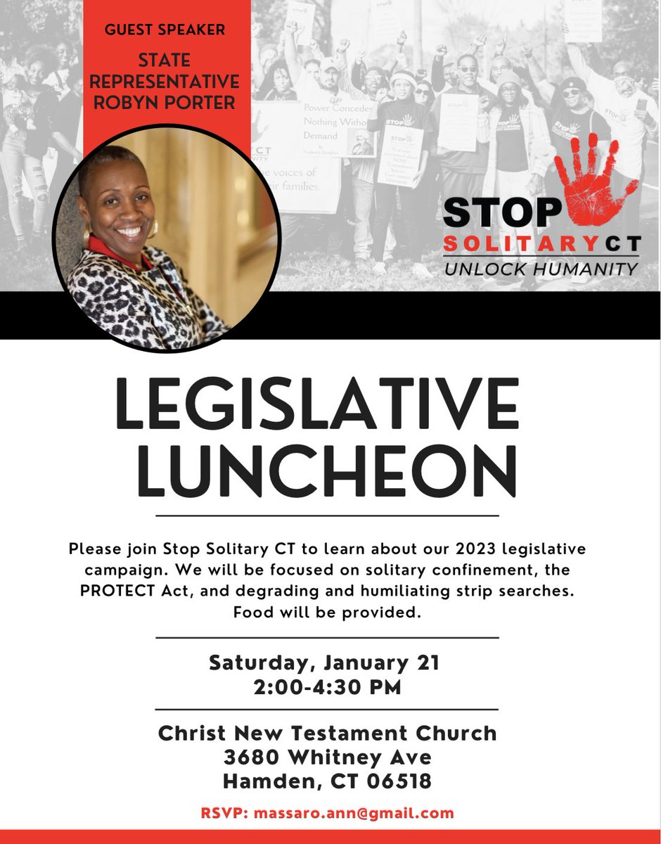 Please join us & ⁦⁦@stopsolitaryct⁩ on Saturday, January 21st! We will be joined by our friend Rep. Porter. See you there. #StopSolitary #EndStripSearches #ProtectAct ⁦@Porter4DaPeople⁩