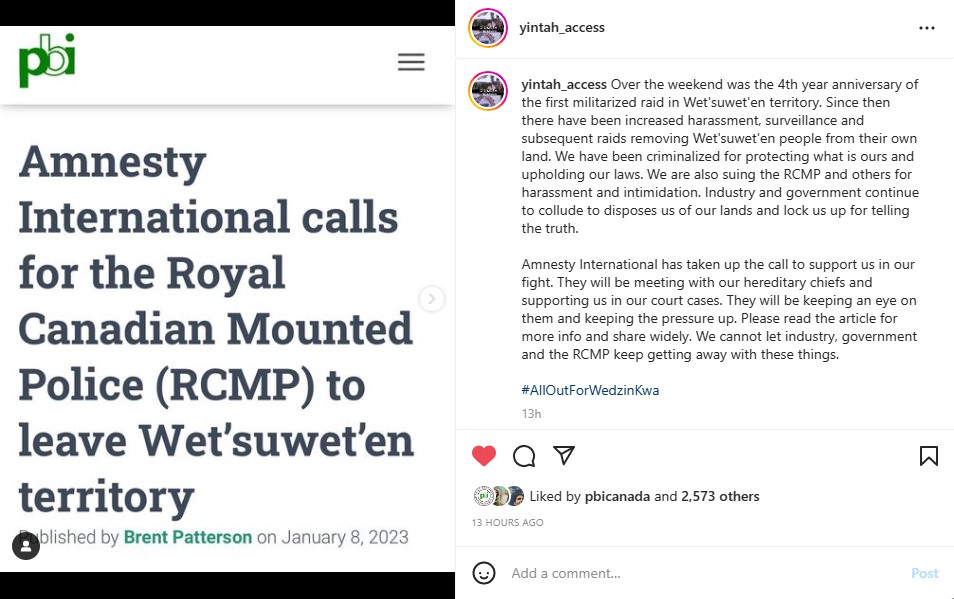 The Yintah Access post on Instagram is at instagram.com/p/CnN5mXHJnpc/ The full article can be read at pbicanada.org/2023/01/08/amn… #AbolishCIRG #DefendWedzinKwa #RCMPofftheYintah