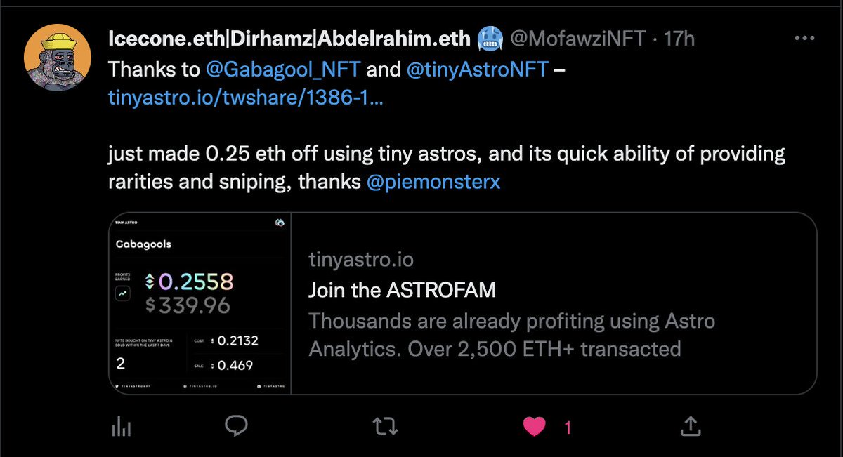 tinyastroNFT's tweet image. In just 2 weeks, our holders made over $120,000 in profits buying &amp;amp; sniping #NFTs through Astro Analytics and selling them within 7 days💰💰💰

Stop sleeping and JOIN the #ASTROFAM opensea.io/collection/tin…