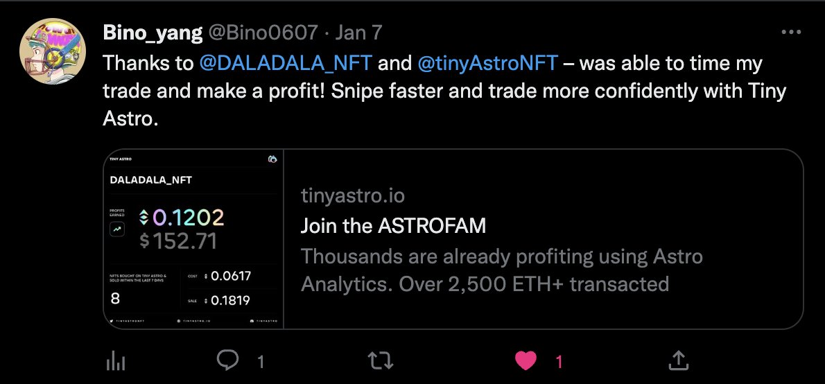 tinyastroNFT's tweet image. In just 2 weeks, our holders made over $120,000 in profits buying &amp;amp; sniping #NFTs through Astro Analytics and selling them within 7 days💰💰💰

Stop sleeping and JOIN the #ASTROFAM opensea.io/collection/tin…