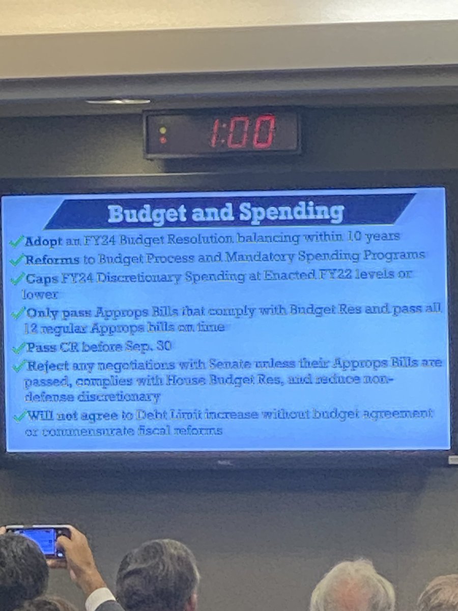 AnnieGrayerCNN's tweet image. A slide shown in GOP Conference meeting showed the budget and spending priorities for the 118th Congress, including tying the debt ceiling to spending cuts