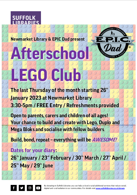 NewmarketLib's tweet photo. We are beyond excited to announce that in conjunction with Rich from #EPICDad, Newmarket Library is launching its own Afterschool LEGO Club on the last Thursday of every month from 26th January! 3:30-5pm / FREE to attend / Refreshments provided. #legoclub #lego #legobuildday https://t.co/dwlsH04D0o