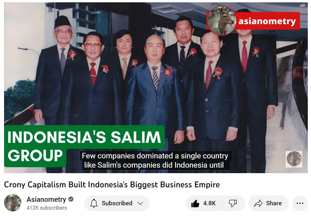 Tahun lalu aku sempet baca buku soal sejarah perkembangan konglo asean di perpusnas, eh ternyata barusan asianometry bikin video tentang salim group. 

Menarik banget mempelajari soal corak kapitalisme khas indo, produknya, cara mainnya dan pemainnya ->
youtube.com/watch?v=p35A58…