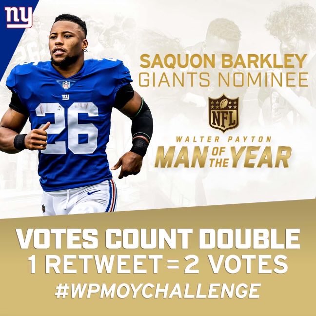 Eli Manning (@elimanning) on Twitter photo Help <a href="/saquon/">Saquon Barkley</a> win the WPMOY Charity Challenge‼️
1 RT = TWO VOTES
#WPMOYChallenge + Barkley Help <a href="/saquon/">Saquon Barkley</a> win the WPMOY Charity Challenge‼️
1 RT = TWO VOTES
#WPMOYChallenge + Barkley