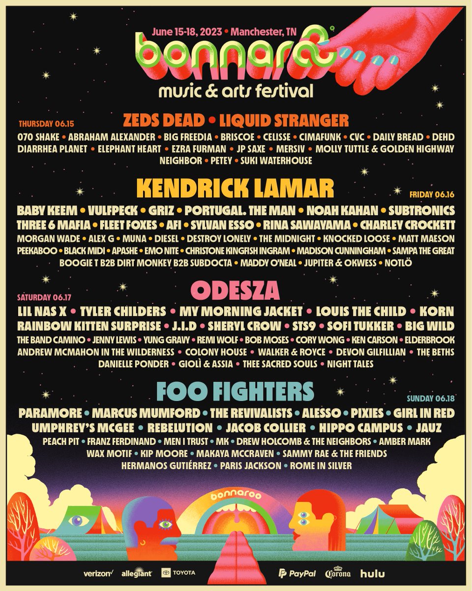 BACKSTAGE GIVEAWAY — @Bonnaroo reveals 2023 lineup: @FooFighters, @KendrickLamar, @ODESZA + more. ENTER NOW for a chance to win (2) VIP tickets + a sold out Area 931 Backstage camping pass. 👇 To enter: 1. Follow @TheFestiveOwl 2. RT this tweet Bonus 👉 bit.ly/3k1GV3c