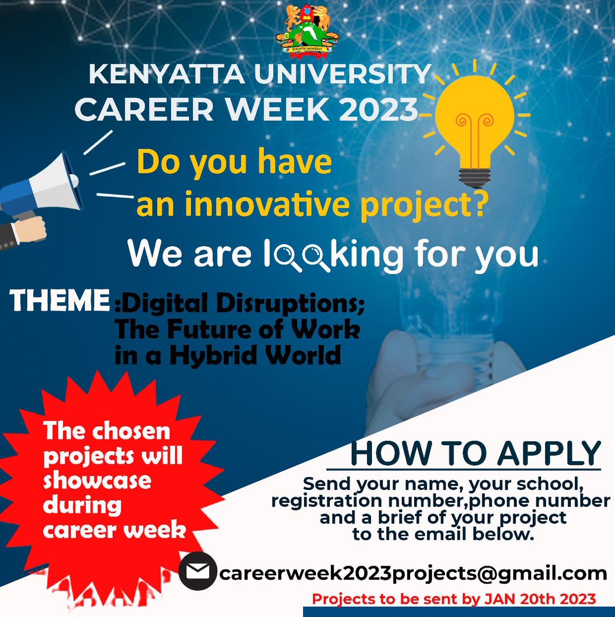 Mwalimu Dysmas, AMSπ― (@kdysmas) on Twitter photo Make your innovative idea a reality. Qualifying projects will be showcased during the career week for adoption and sponsorship. Make haste !!@kucareerweek Make your innovative idea a reality. Qualifying projects will be showcased during the career week for adoption and sponsorship. Make haste !!@kucareerweek