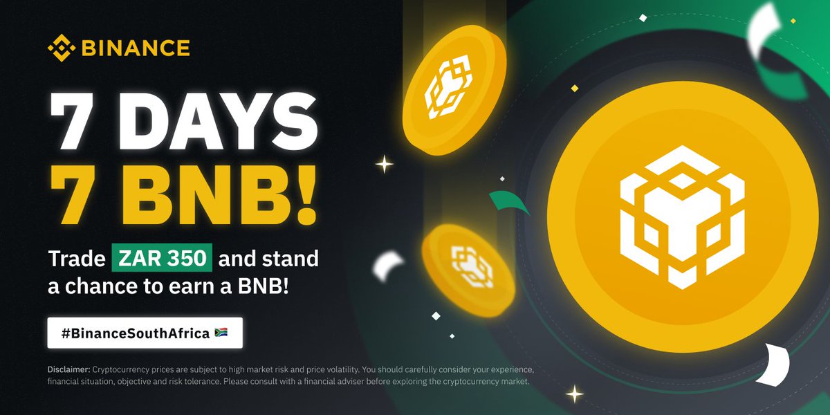 BinanceAfrica's tweet photo. #Binance South Africa!🇿🇦

 1 BNB will be rewarded every day to one lucky trader!

To enter trade R500 or more a day!

Find out more⤵️
https://t.co/jzJnAmFKES https://t.co/GnSSTtIuRv