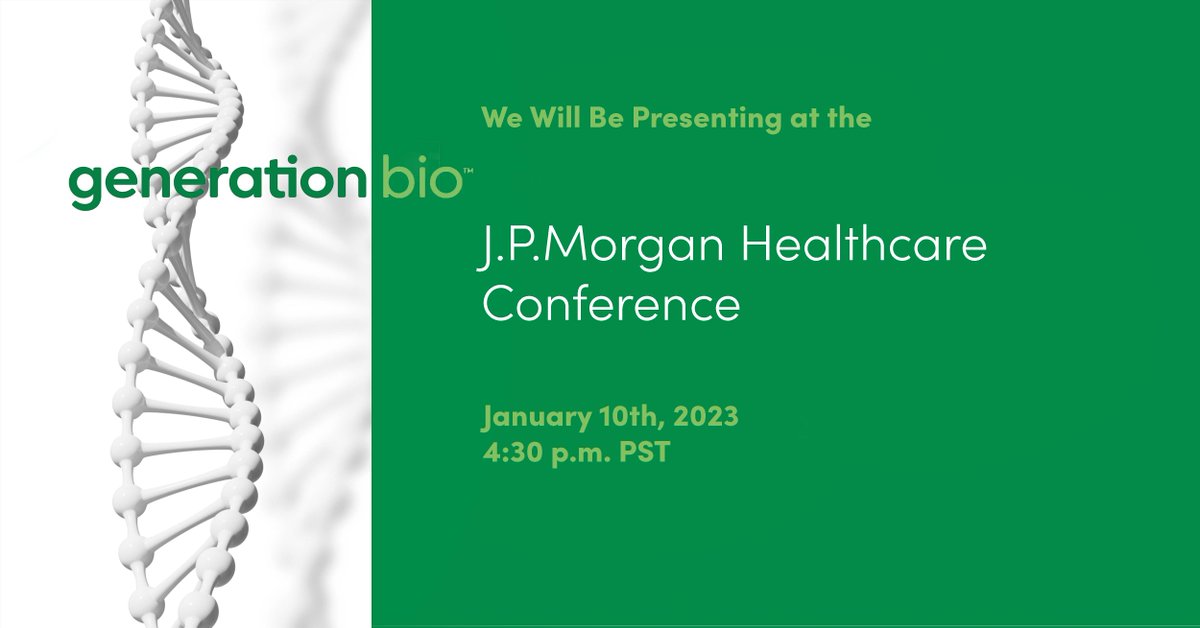 GenerationBio (@generationbio) on Twitter photo Today, our President & CEO, Geoff McDonough, will present at the 41st Annual
<a href="/jpmorgan/">J.P. Morgan</a> HealthCare Conference. Details here: buff.ly/3ZqLiF3
#JPM2023 Today, our President & CEO, Geoff McDonough, will present at the 41st Annual
<a href="/jpmorgan/">J.P. Morgan</a> HealthCare Conference. Details here: buff.ly/3ZqLiF3
#JPM2023