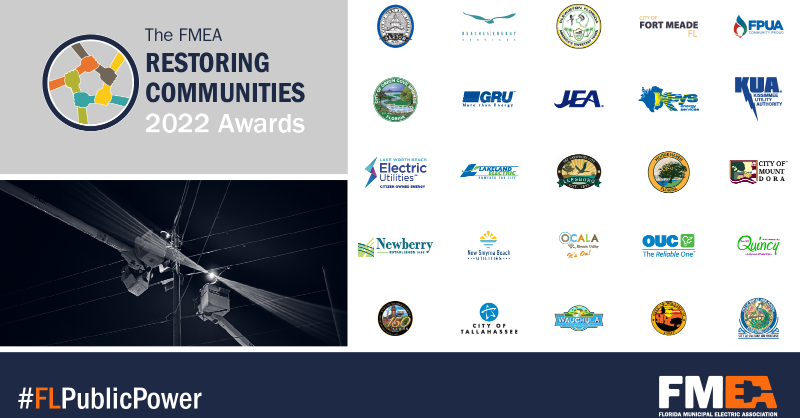 flpublicpower's tweet photo. Congrats to the 25 #FLPublicPower utilities who are recognized with a 2022 Restoring Communities Award which recognizes mutual aid efforts following significant weather or emergency events. FMEA is proud to serve as the mutual aid coordinator for FL's 33 #PublicPower utilities.