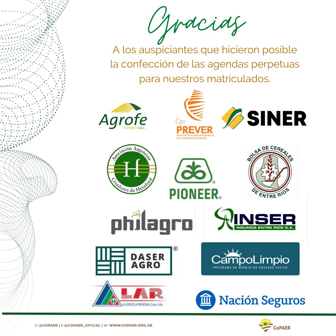 CopaerColegio's tweet photo. 🤝 El CoPAER agradece profundamente a las Empresas e Instituciones que acompañaron el proyecto de confección de las Agendas Perpetuas para los matriculados. 🙌📒 https://t.co/iS8K3ErErK